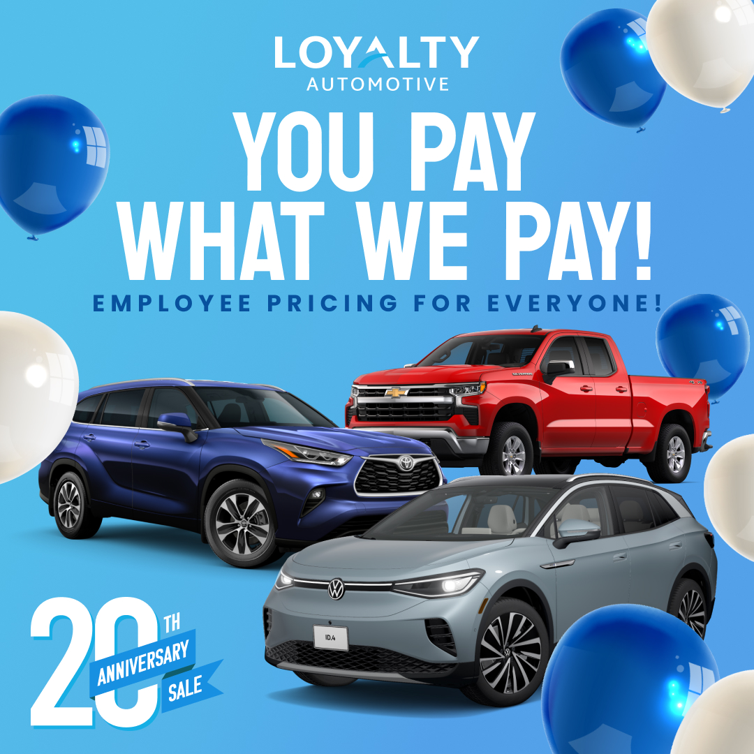 We’re celebrating our 20th Anniversary by giving EVERYONE Employee Pricing on new cars 🍾 That’s right – you pay what we pay on Toyota, Nissan, Volkswagen, Chevrolet, and Cadillac models! Shop now: brnw.ch/21wELaS