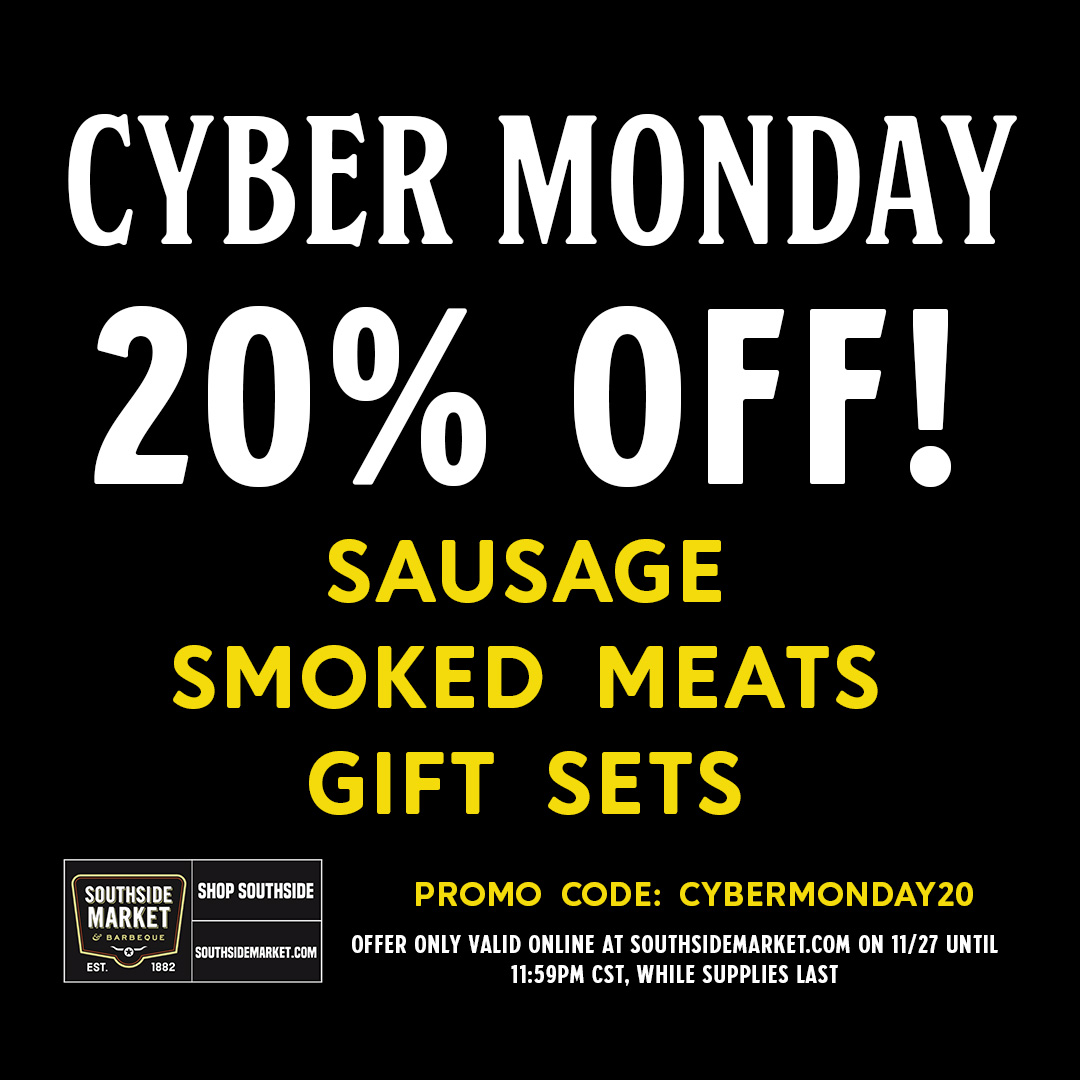 🌟Get ready to score big! 20% off on our sausage, smoked meats, and gift sets! 🎁 Save the date, Monday, November 27th. All Day, Online Savings! It's a Cyber Monday flavor explosion! southsidemarket.com/collections #CyberMonday #SouthsideMarket #SavorTheSavings #TasteTheTradition