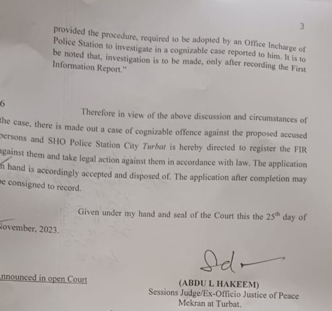 KiyyaBaloch's tweet photo. A session judge in Turbat directs SHO city to register FIR against CTD.

“It can’t be believed that 3 terrorists attacked upon CTD team with deadly weapons but surprisingly no one from CTD team sustained a minor injury while deceased Balach who was in their custody has died.” https://t.co/ntDwIvuOuy