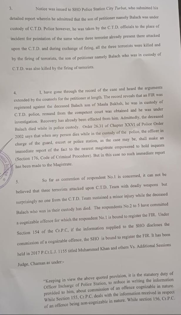 KiyyaBaloch's tweet photo. A session judge in Turbat directs SHO city to register FIR against CTD.

“It can’t be believed that 3 terrorists attacked upon CTD team with deadly weapons but surprisingly no one from CTD team sustained a minor injury while deceased Balach who was in their custody has died.” https://t.co/ntDwIvuOuy