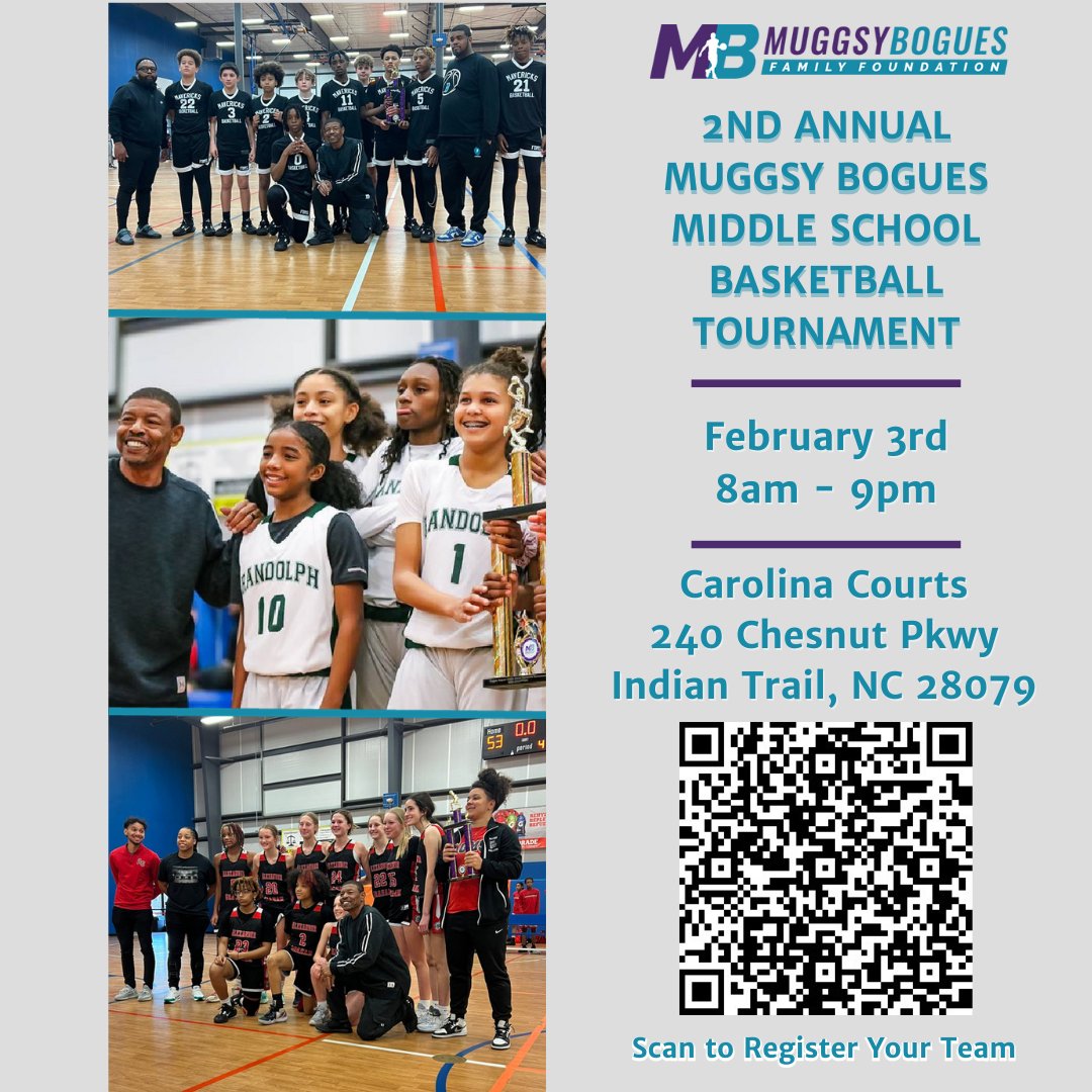BoguesFamFdn's tweet photo. Get ready for the 2nd Annual Muggsy Bogues Middle School Basketball Tournament coming back to Carolina Courts February 3, 2024! This is an opportunity for middle school teams to have fun playing for the championship while the MBFF raises funds to support its mission. Register now https://t.co/8jXlaU0xzr