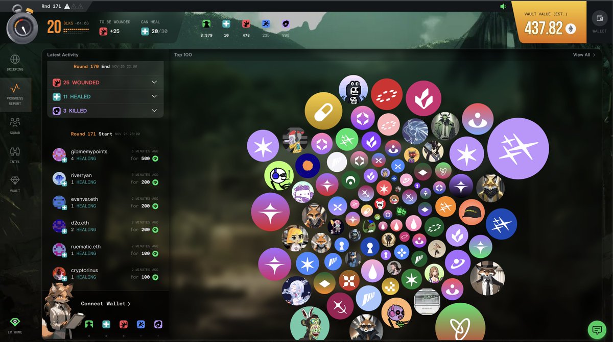 INFILTRATION DAY 1

💰 437.76 ETH Vault Prize (grew by 16.089 ETH)
💎 383,900 LOOKS ($45K) spent on healing.

Agent stats:
🕵️ 8,379 still active
💀 898 died
🩸 480 currently wounded
🏃‍♂️ 235 escaped with 3.329 ETH

You can still get involved anytime by just buying an Active Agent