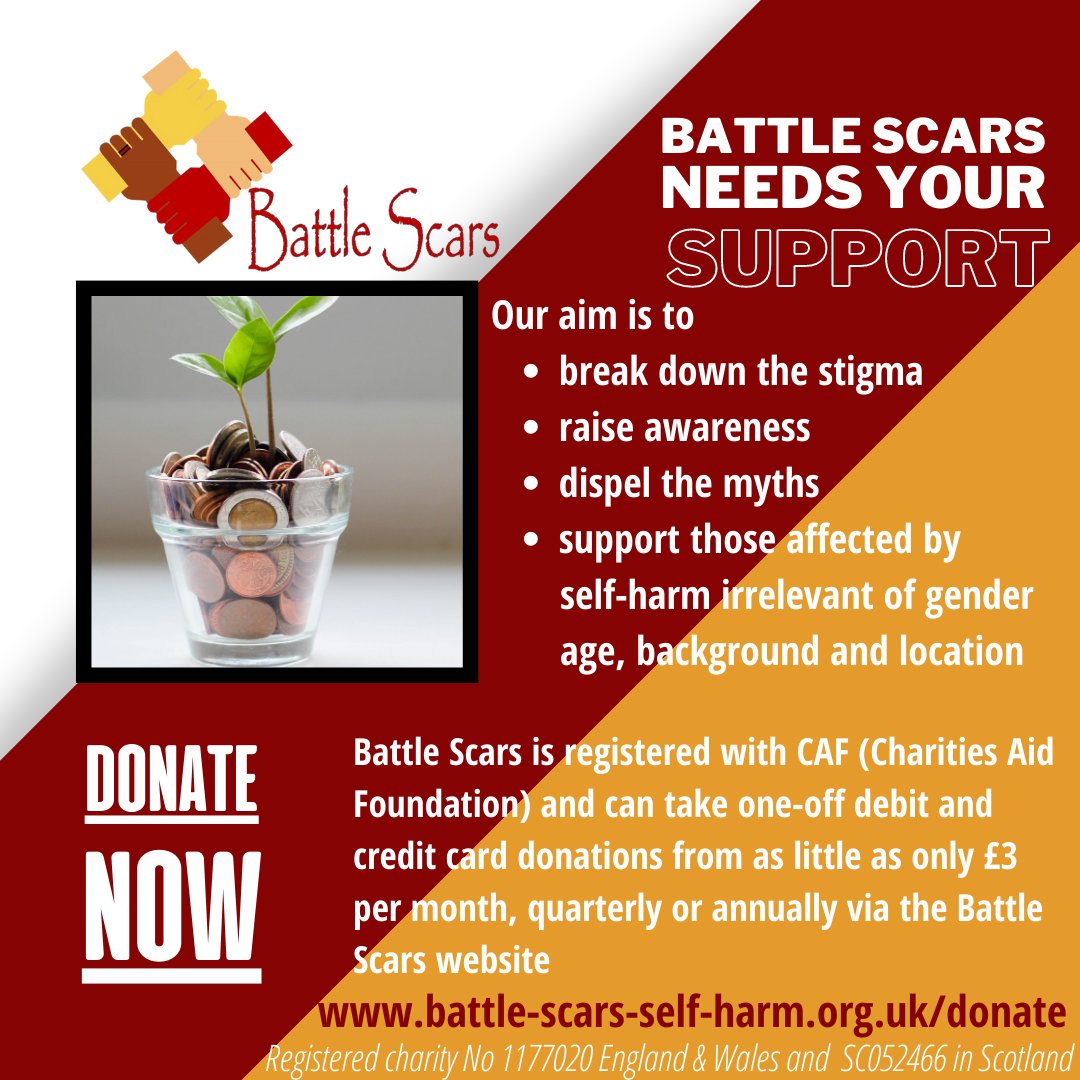 BattleScars_SH's tweet photo. Join Battle Scars in their mission to break down the stigma surrounding self-harm We aim to raise awareness & dispel the myths surrounding this issue Help us achieve our goal by donating just £3 towards #breakingtheselfharmstigma https://t.co/LXBGa6MSGN #wearebattlescars https://t.co/Ky0aetnyBW