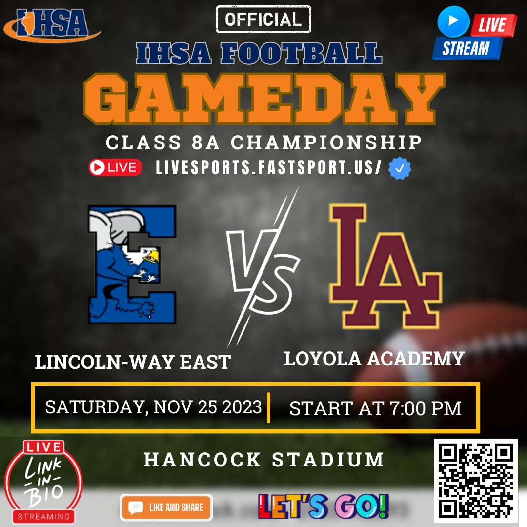 ‼️ GAMEDAY ‼️ IHSA Football Class 8A Championship 🏆 🏈 Lincoln-Way East 🆚 Loyola Academy 🎥 livesports.fastsport.us 🗓 Saturday, Nov 25 ⏰ 7:00 PM 📍 Hancock Stadium @LAGoRamblers @Loyola_FB @LWEastAthletics @LWEastFootball @badnewsbears73 @FrankFlorentine @bbauer2334