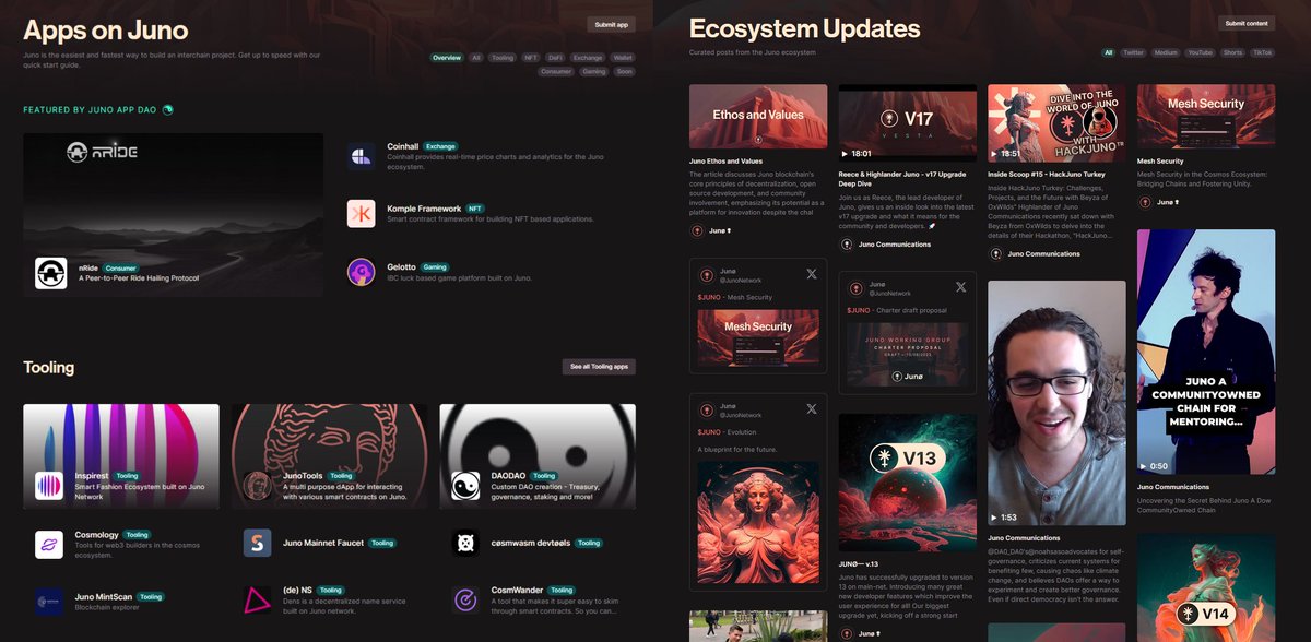 JunoCommsDept's tweet photo. ICYMI $JUNO has revealed what has caught the eye lately - the new website, maintaining the pace of the DAO's development and its vision 🌱

https://t.co/4abFRHWtwP now acts as the main gateway for onboarding both new users and new developers, as it is also compatible with contributions from the wider community.

Let's highlight the core components of the website and how it befits the @JunoNetwork ideology 👇

- 𝗕𝘂𝗶𝗹𝗱 𝗼𝗻 𝗝𝘂𝗻𝗼

This is every developer's bread and butter to start building on $JUNO 🧑‍💻

Covering essential resources for various development types and origins:
✅ Frontend
✅ Rust & CosmWasm
✅ Solidity Onboarding

- 𝗨𝘀𝗲 𝗝𝘂𝗻𝗼

So what about new users you asked? The "Use Juno" page is the seamless portal to bring new comers over to the $JUNO sovereign 🗺️

🔸 Onboarding from Ethereum
🔸 @DA0_DA0 Quick Guide
🔸 Introducing Interchain Wallets and DEXs

- 𝗔𝗽𝗽𝘀 𝗼𝗻 𝗝𝘂𝗻𝗼

The Ecosystem catalogue which showcases all the applications which have been built on $JUNO or still under progress 🔖

Surf through the various dApp categories and keep up to date with the work in progress under "Soon"

- 𝗘𝗰𝗼𝘀𝘆𝘀𝘁𝗲𝗺 𝗨𝗽𝗱𝗮𝘁𝗲𝘀

Get access to all the featured content in one place - this page is the $JUNO content gateway - sourcing articles, videos, tweets, etc.

Want to share your own content? Sounds like a $JUNO thing! This page welcomes anybody to submit their content by filling a form after clicking the "Submit content" button ✍️

- 𝗦𝘂𝗯𝗗𝗔𝗢/𝗗𝗲𝗽𝗮𝗿𝘁𝗺𝗲𝗻𝘁 𝗘𝘅𝗽𝗹𝗼𝗿𝗲𝗿

Keep track of all the $JUNO SubDAOs, soon to be replaced by departments after the Charter takes effect, to stay updated with their progress ☯️

- 𝗗𝗲𝘃𝗲𝗹𝗼𝗽𝗺𝗲𝗻𝘁 𝗣𝗶𝗽𝗲𝗹𝗶𝗻𝗲

So what's on the $JUNO menu? 🧑‍🍳 Upcoming and previously completed core development is referenced under the "Development Pipeline" section on the homepage to keep us in the loop!

- 𝗖𝗿𝗲𝗱𝗶𝘁𝘀

@JunoCommsDAO is honored to have contributed throughout the website's development, among the determined @TheDesignDAO, @Reecepbcups_, @dimiandre, @xpapayo 🫡

And props to @Leap_Cosmos for their recent contribution which is now present in the docs to integrate Leap wallet into dApps ( We 🫶 🐸 )

And onto the next one with more exciting $JUNO news!