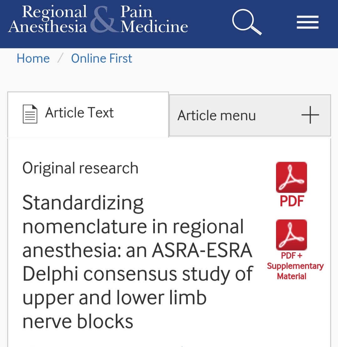 New international collaboration! Standardizing nomenclature for upper and lower limb blocks - now published in @RAPMOnline rapm.bmj.com/content/early/… @elboghdadly @DrEAlbrecht @DrPhilipPeng @PerlasAnahi @SerkanTulgarMD @sanjibadhikary @BridgetPulos @Ropivacaine @nelkassabany