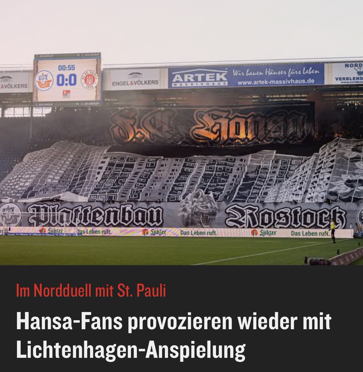 Können wir mal bitte darüber sprechen, dass der FC Hansa Rostock bzw. deren sog. Fans das ekelhafteste der ganzen Liga ist. Wie kann man so ein Banner im wahrsten Sinne des Wortes mittragen?  Das sind keine einzelnen Fans, das ist ein gesamter Block! #FCHFCSP #Lichtenhagen