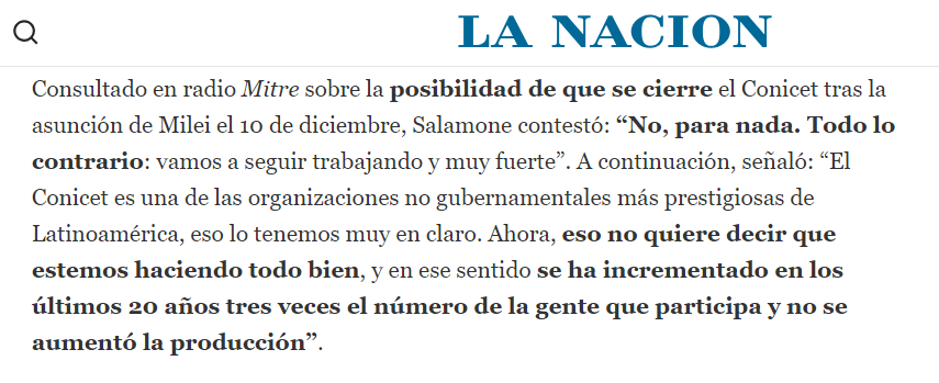 rquiroga777's tweet photo. Salamone en @LANACION: "En CONICET se ha incrementado en los últimos 20 años tres veces el número de la gente que participa y no se aumentó la producción". 

Publicaciones ARG 2001: 5800
Publicaciones ARG 2021: 17400

No soy matemático, pero me parece que es exactamente el triple https://t.co/7i3Y9Fkriz
