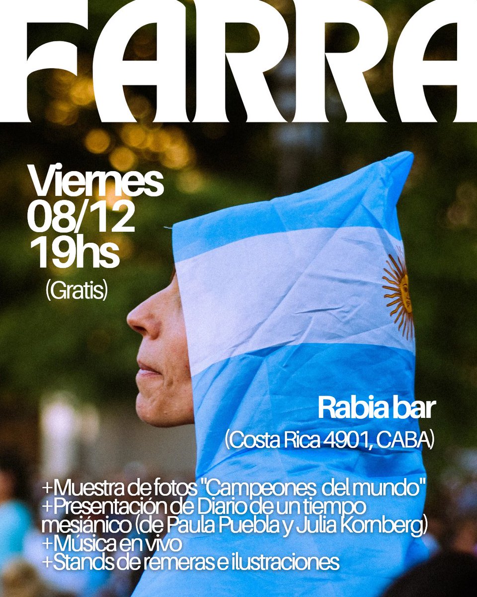 🇦🇷 Despedimos el año con un festival 🎉

📸🏆 Expo de fotos, a un año del Mundial
📙 <a href="/sputnikon3/">julia kornberg</a> y <a href="/Pepuebla/">Paula Puebla</a> presentan su libro (<a href="/17grises/">17grises</a>)
🎸 Bandas en vivo, con cierre a pura cumbia

📅 Viernes 8 de diciembre (feriado) desde las 19hs

¡Los esperamos!