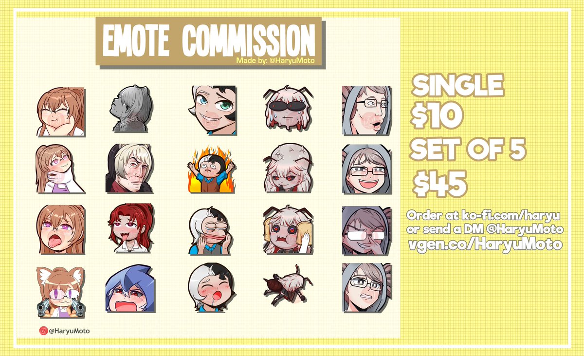 HaryuMoto's tweet photo. Emotes Commission 3 Slots Open
$45 for set of 5
$10 single emote

Links Below:
https://t.co/3vUcQ3c41w
https://t.co/PLHV7WhjFC
Likes &amp; rts very appreciated

#Vtubers #VTuberAssets #VtubersUprising #VtubersEN  #emotes #emoteartist #VGen #VGenComm https://t.co/2VBnlhEc9S