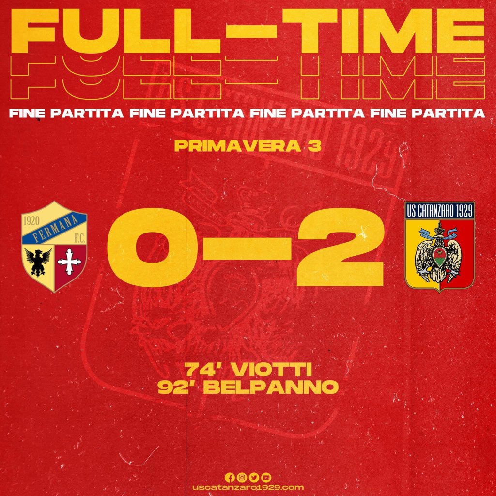 USCatanzaro1929's tweet photo. 🔚  90’ | #FERCAT |  0-2 | FULL TIME ⏹

ANCORA UN VITTORIA PER I GIALLOROSSI! 💪

#Primavera3 #AvantiAquile 🟡🔴 https://t.co/daspw5hQ2d