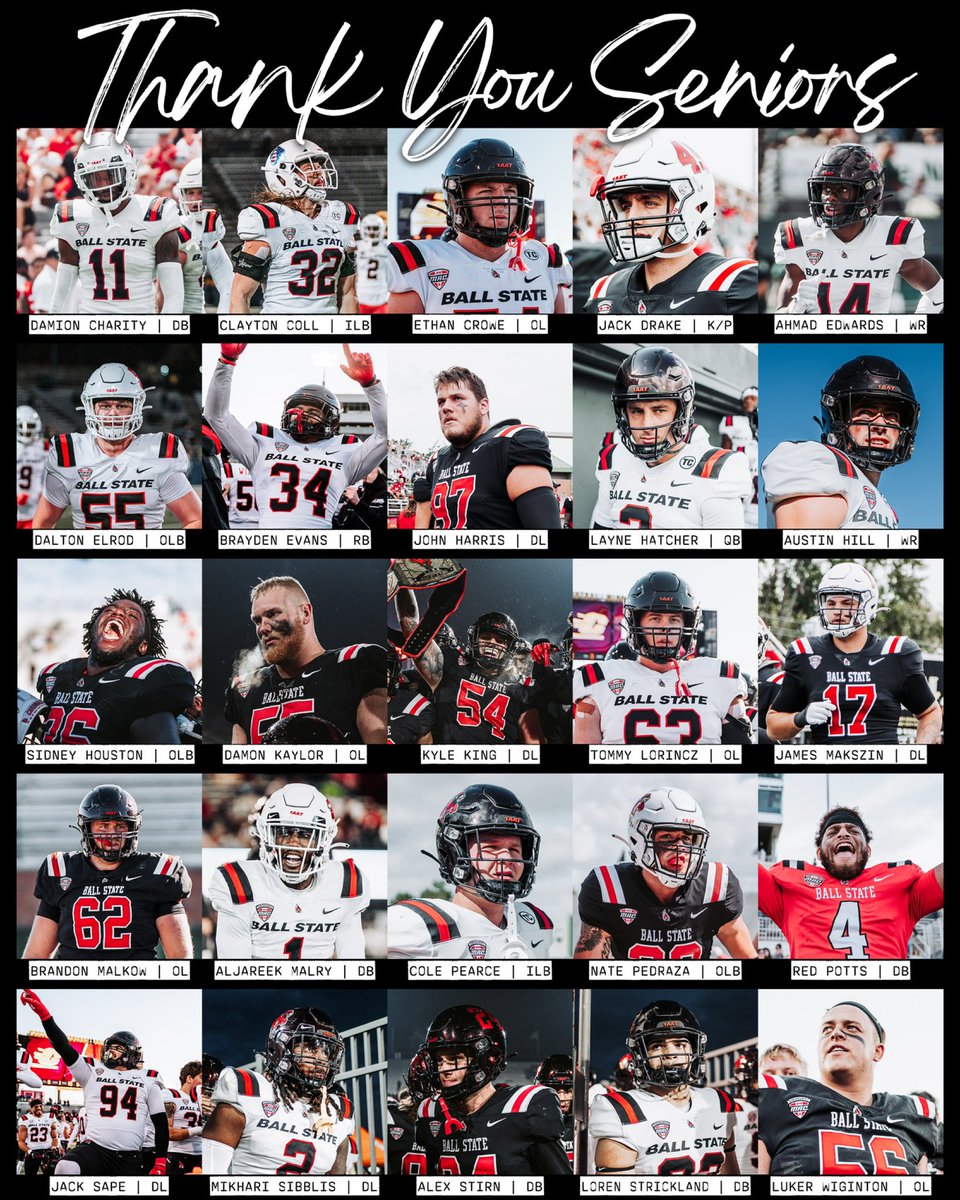 BallStateFB's tweet photo. Today we honor the seniors who have dedicated their time to the Ball State Football program. We are so thankful for the love and passion you’ve poured into the game &amp; wish you all good luck in your future endeavors ❤️

#1AAT x #WeFly https://t.co/6azj1DEzWp