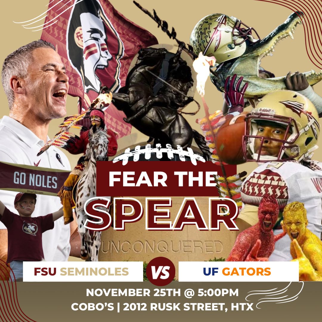 HTXNoles's tweet photo. Itβs GameDay! Join the Houston Area Seminole Club as we gear up for an epic showdown between FSU and UF!π’π
π
Date: 11/25/23
β° Time: 5PM
π Location: @CobosQue
π Let's paint Houston Garnet and Gold! β€οΈπ #GoNoles #BeatTheGators #UFHateWeek #FearTheSpear https://t.co/PFqXbUfOEj