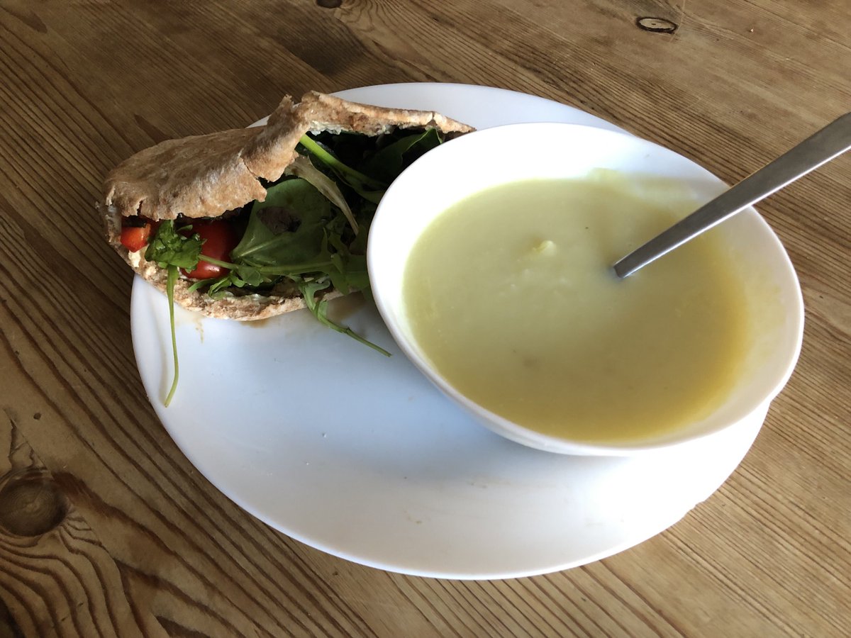 Lunch -Wholemeal pitta humous with lots salad with some leek and potato soup … warming for today 😊 #WeEatWell23