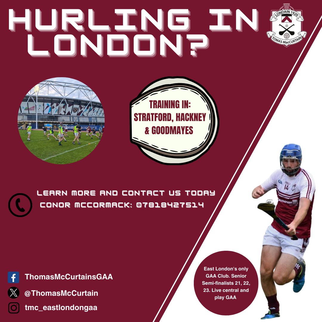 Hurling in London? Come join us. Ideally located for east and central London #gaainlondon #londongaa #irishinlondon #1club5codes #hurlinginlondon #londonhurling