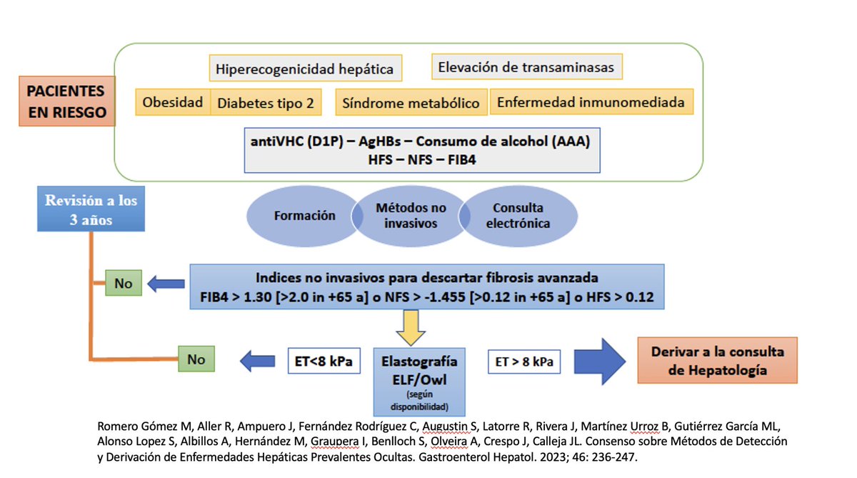 NITs en #MASLD:
1. No a la población general. Solo si sospecha.
2. Test no invasivo de fibrosis (el disponible, mejor dos)
3. Si zona gris. Segundo test (el disponible)
<a href="/sepdigestiva/">Sociedad Española de Patología Digestiva (SEPD)</a> <a href="/AEEHLiver/">Asociación Española para el Estudio del Hígado</a> <a href="/SociedadSeedo/">SEEDO</a> #seed20023