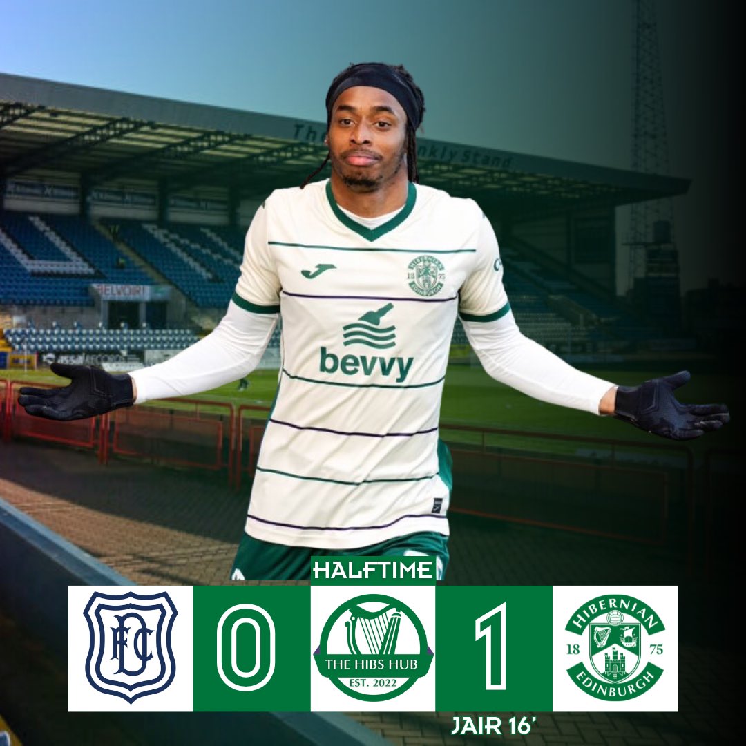 TheHibsHub's tweet photo. 🔵0-1🟢HALFTIME

🔥Jair starts and finishes the move that sees #Hibs up 1-0 at the break!

🤔A couple of defensive lapses lead to a few chances for Dundee, but good build up play sees Hibs on top.

⬇️Comment with your thoughts on that first 45! #Hibernian #HibernianFC #GGTTH https://t.co/CBpCHNPA7s