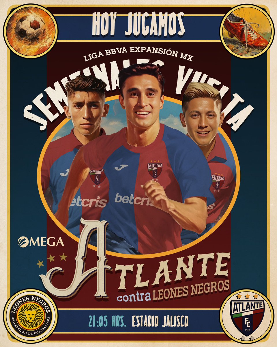 Atlante's tweet photo. ¡HOY JUGAMOS SEMIFINAL DE VUELTA AFICIÓN! 🔵🔴

En punto de las 21:05 HRS llevaremos a cabo el partido de Vuelta correspondiente a la #Semifinal del Torneo #Apertura2023 frente a @LeonesNegrosCF desde el Estadio Jalisco. 

¡Mostremos todo el apoyo azulgrana a nuestro equipo rumbo a la final! 👊

#MásFuertesQueNunca
#PotrosDeHierro