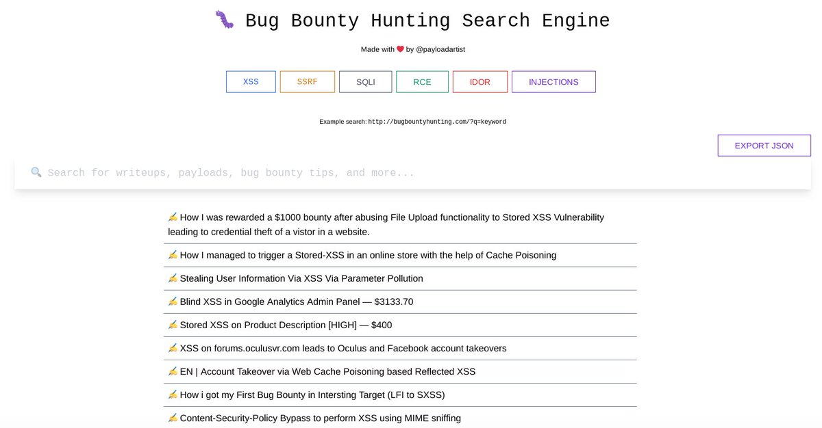 OSINT TIP #246 🐛

Tired of googling for #BugBounty writeups,  <a href="/payloadartist/">payloadartist</a> made a little tool "Bug  Bounty Hunting Search Engine" that lets you search writeups easily.

BugBountyHunting.com

Thanks for tip <a href="/0xloooser/">Rohit Kumar</a> 👏🏻

#OSINT #cybersecurity #bugbountytips #infosec