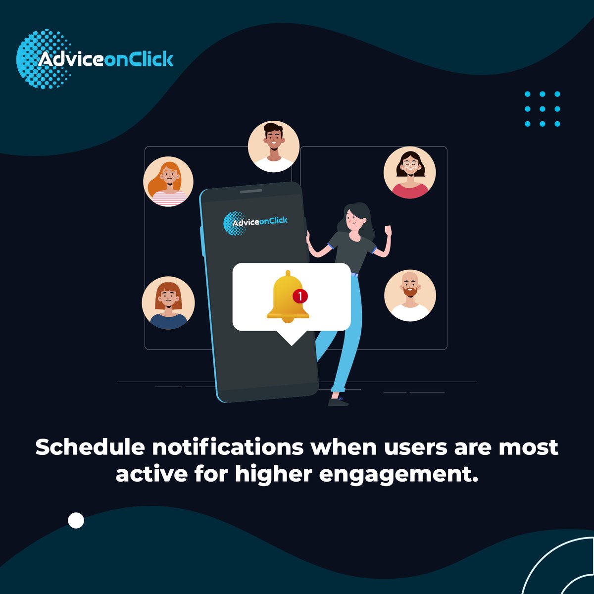 adviceonclick's tweet image. Timing is Key! Unlock peak engagement by timing your push notifications when your audience is most active. Maximize impact and connect with users at the perfect moment for optimal results.
#AdviceonClick #PushNotification #growbusiness