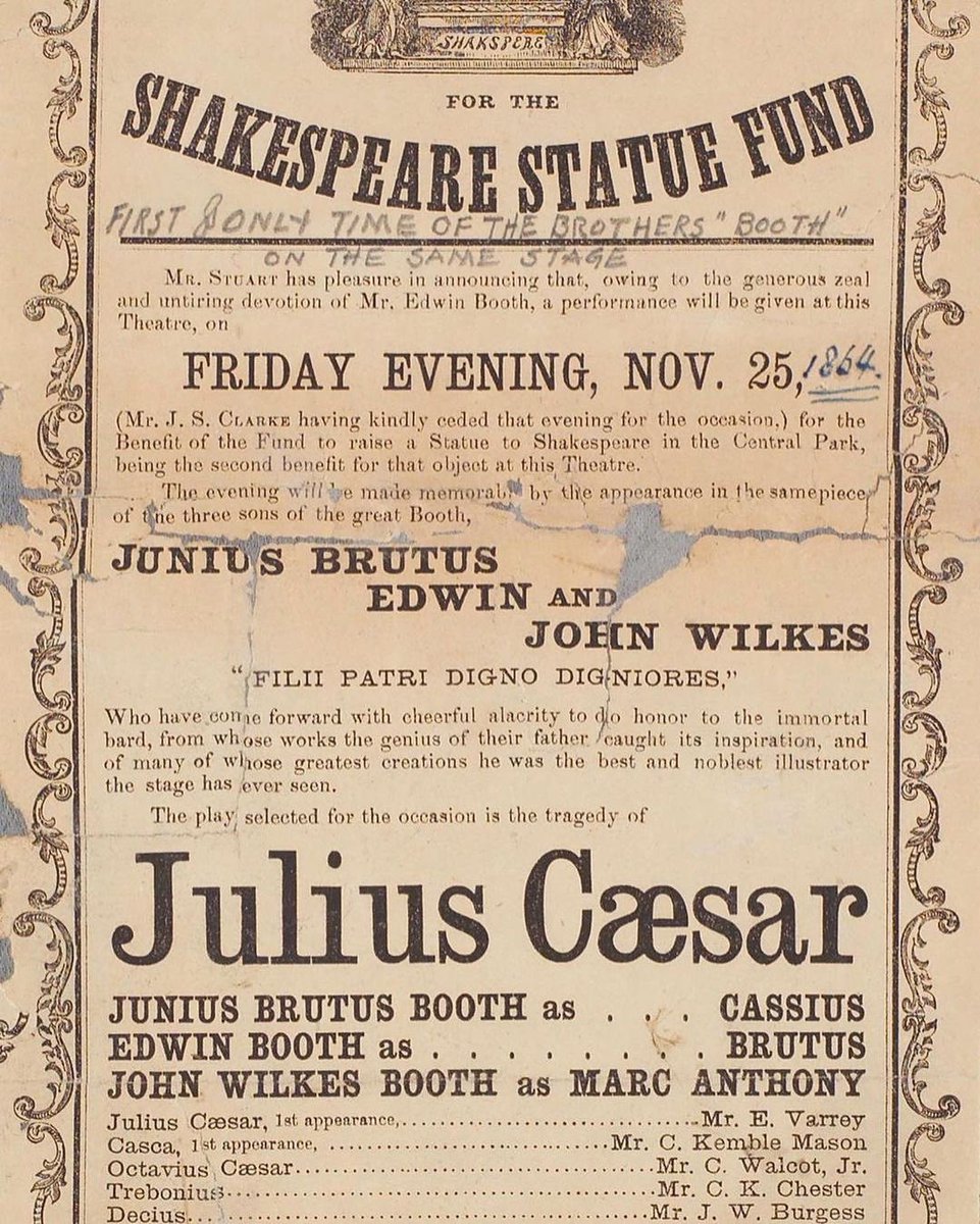 SpiritsTH's tweet photo. On November 25, 1864, #EdwinBooth, #JuniusBrutusBoothJr., and
#JohnWilkesBooth, all famous actors and brothers, put on a #benefit #performance of #Shakespeare’s #JuliusCaesar. The play was staged at the Winter Garden Theatre, on Broadway and West 3rd Street. https://t.co/fMazP6UaHM