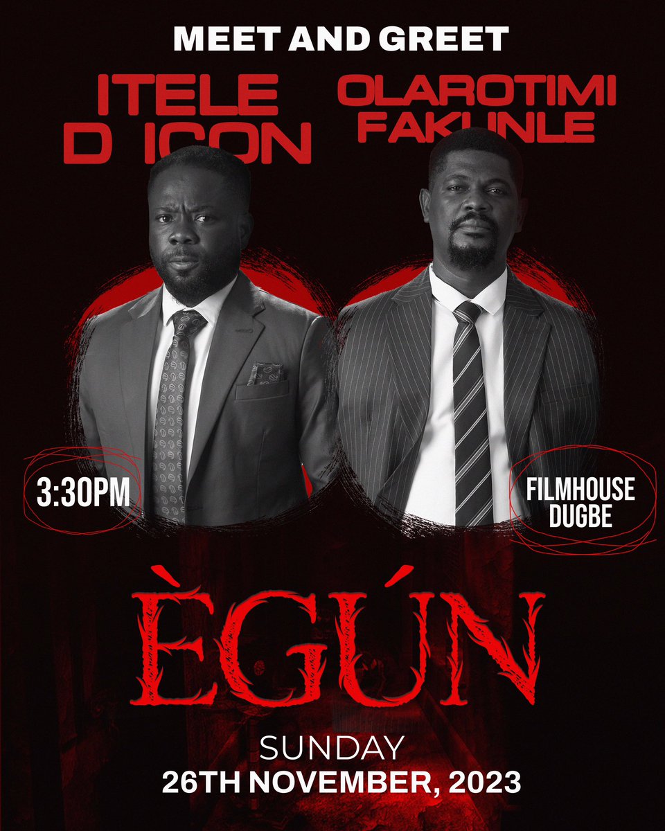 Filmtrybe (@filmtrybe) on Twitter photo If you’re in Ibadan you don’t want to miss this! Come out this Sunday to watch #ÈGÚN with your faves <a href="/iteledicon1/">iteledicon</a> & <a href="/olaoluwarotimi/">Olarotimi Fakunle</a> live at the @filmhousecinemas Dugbe at 3:30PM! 💯💯💯💃🏾💃🏾💃🏾 If you’re in Ibadan you don’t want to miss this! Come out this Sunday to watch #ÈGÚN with your faves <a href="/iteledicon1/">iteledicon</a> & <a href="/olaoluwarotimi/">Olarotimi Fakunle</a> live at the @filmhousecinemas Dugbe at 3:30PM! 💯💯💯💃🏾💃🏾💃🏾
