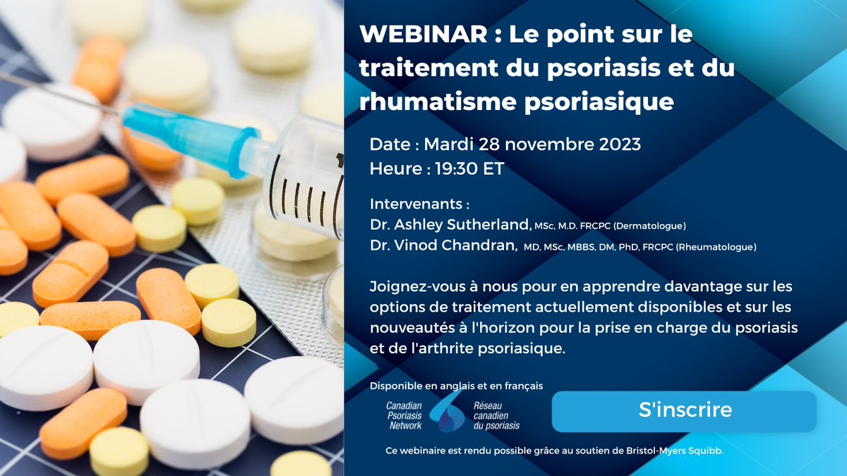 Le 28 novembre, joignez-vous à nous pour mieux comprendre le traitement du psoriasis et de l'arthrite psoriasique - les options actuelles et ce qui se profile à l'horizon. Inscrivez-vous ici: treatmentoptions.eventbrite.ca