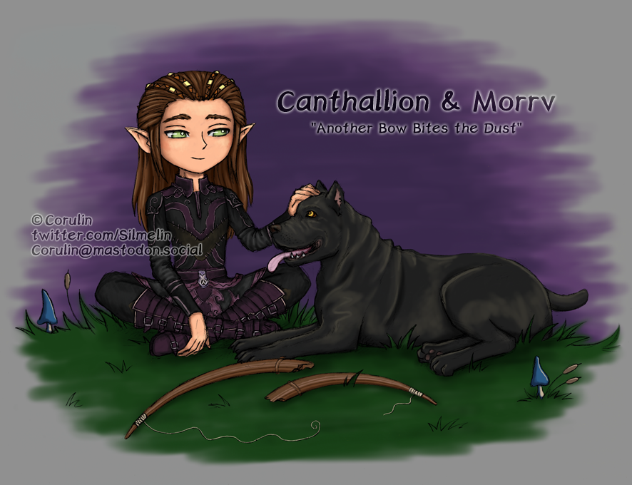 Silmelin's tweet photo. Canthallion's dog Morrv likes to chew on his bows but he doesn't have the heart to scold the sweet doggie and so it continues... "Another Bow Bites the Dust" :) One more from 2022

#lotro @lotro #lotr https://t.co/koJ70IWNj3