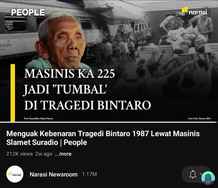 💚 Aku mau minta tolong up up youtube ini sama tolong naikkan nama pak Slamet Suradio. Beliau ini mantan masinis KA tahun 1987 yang kecelakaan besar Bintaro itu, sampe sekarang usianya 84 tahun sakit sakitan dan belum dapat uang pensiun, nama baiknya juga tercoreng