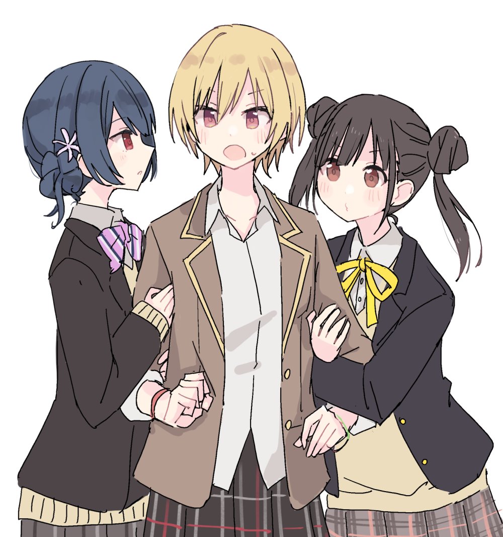 morino rinze ,saijo juri ,sonoda chiyoko multiple girls school uniform hair bun 3girls blonde hair jacket skirt  illustration images