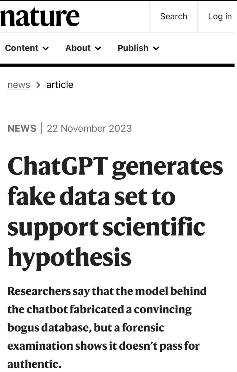 ChatGPT generates fake data set to support scientific hypothesis

- Researchers have used the technology behind the AI chatbot #ChatGPT to create a fake clinical-trial data set to support an unverified scientific claim.

jamanetwork.com/journals/jamao…

nature.com/articles/d4158…