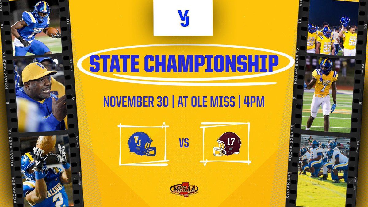 VJ_Athletics's tweet photo. WE’RE HEADED TO STATE! 😤 The Falcons (13-0) will face Biggersville (11-1) for the 2023 Class 1A State Championship 🏆Thursday, November 30, at 4 p.m. on the campus of University of Mississippi (Ole Miss) in Oxford, MS! 💙💛🏈 

🟡 WEAR GOLD as we cheer on our Falcons! 🟡 https://t.co/7XNuKPkIb9