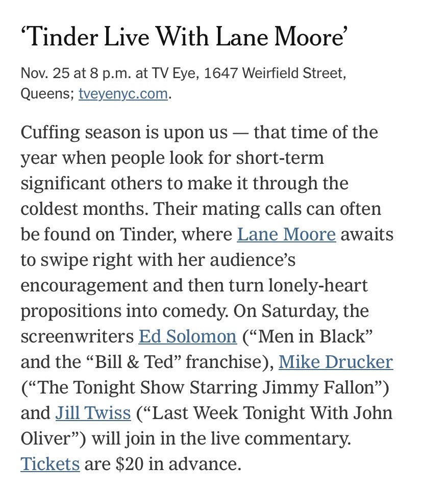 Look, if even the New York Times says the best way to start cuffing season is to come watch me @ed_solomon @jilltwiss @MikeDrucker swipe thru horny, post-Thanksgiving Tinder guys, you know it's true. Tinder Live, Tonight at 8pm, TV Eye.🎩 See you there!! wl.seetickets.us/event/tinder-l…