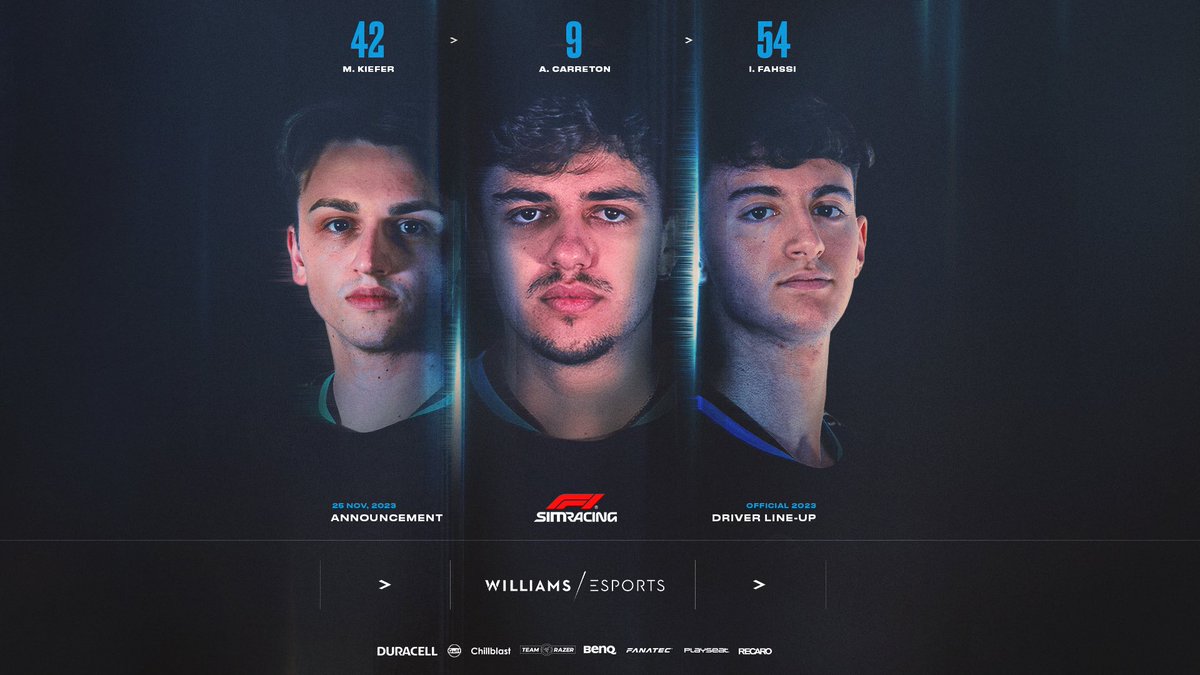 Williams Sim Racing (@williamsesports) on Twitter photo .@F1eSports lineup unlocked 🔓
🇪🇸#9 / <a href="/AlvaroCarreton/">Álvaro Carretón</a>
🇩🇪#42 / <a href="/marcelkiefer_/">Marcel Kiefer</a>
🇪🇸#54 / <a href="/ismaelfahssi_/">Ismael Fahssi</a>
#WilliamsEsports #F1Esports .@F1eSports lineup unlocked 🔓
🇪🇸#9 / <a href="/AlvaroCarreton/">Álvaro Carretón</a>
🇩🇪#42 / <a href="/marcelkiefer_/">Marcel Kiefer</a>
🇪🇸#54 / <a href="/ismaelfahssi_/">Ismael Fahssi</a>
#WilliamsEsports #F1Esports