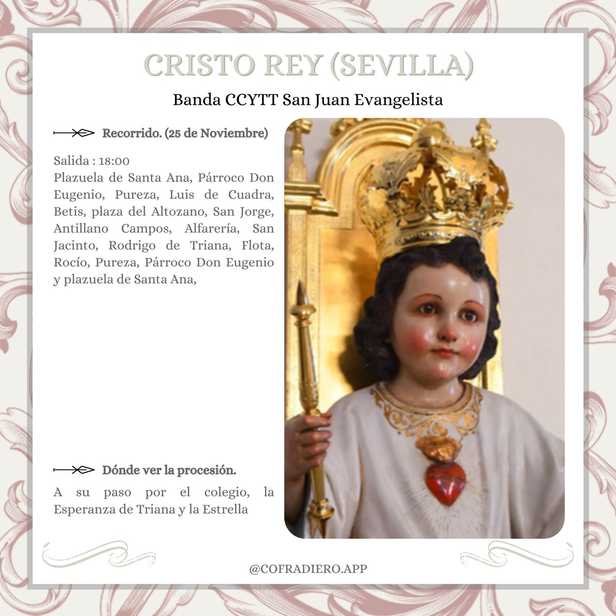 SEVILLA | En el día de hoy viviremos la procesión de Cristo Rey. <a href="/afcristorey/">A. F. CRISTO REY DE TRIANA</a> <a href="/SJE_EspDeTriana/">San Juan Evangelista (Esperanza de Triana)</a> 

#sevillacofradiera #ELCOFRADIERO #TDSCofrade
