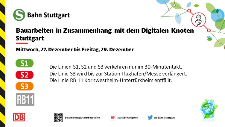 S-Bahn Stuttgart informiert über Bauarbeiten in Zusammenhang mit dem Digitalen Knoten Stuttgart. Im Zeitraum vom 27. Dezember bis 29. Dezember verkehren die Linien S1, S2 und S3 nur im 30-Minutentakt. Die Linie S3 wird bis Flughafen/Messe verlängert. Die Linie RB 11 Kornwestheim-Untertürkheim entfällt.