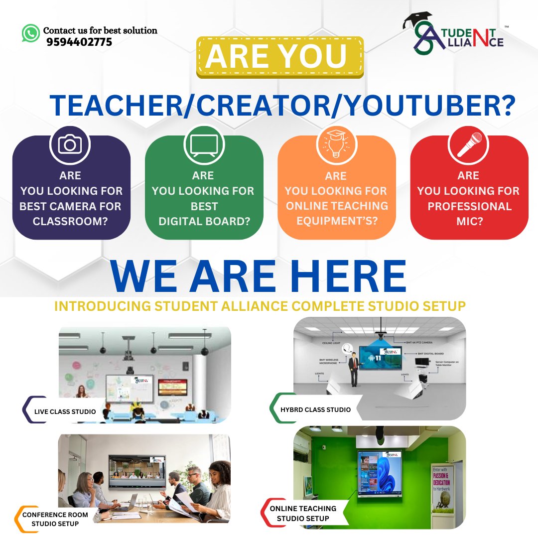 studentaliance's tweet image. Revamp your teaching space with the Student Alliance Studio Setup:  Live Class Studio, Hybrid Class Studio, and a Pro Mic – all in one package! 🌟 Enhance your online teaching with #StudioUpgrade and #TechForEducators. 🚀🎙 #EdTech #TeachWithTech