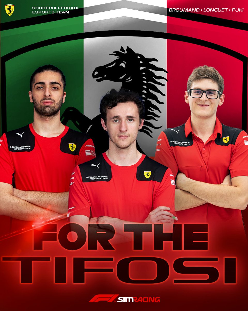 𝐅𝐎𝐑 𝐓𝐇𝐄 𝐓𝐈𝐅𝐎𝐒𝐈! 🇮🇹

History. Legacy. Pride. A name and a color every person on the planet knows - <a href="/FerrariEsports/">Ferrari Esports</a>! 🔴⚫️

0⃣7⃣ @speedbari 🇦🇪
4⃣0⃣ <a href="/NicolasLonguet/">Nicolas Longuet</a> 🇫🇷
6⃣2⃣ <a href="/IstvanPuki7/">István Puki</a> 🇭🇺

#F1Esports