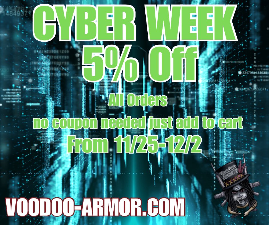 Cyber week starts today. 5% off all order. 

#CyberMonday #gunlifestyle #pewpewlife #ar15life #2ndAmendment #voodooarmory