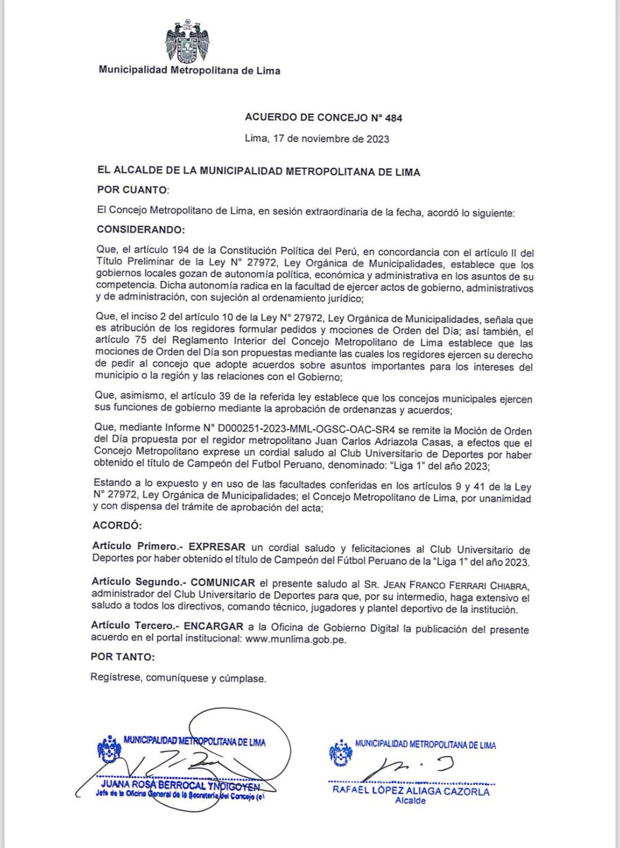 jferrari5's tweet photo. Nos envían felicitaciones y estamos agradecidos por ello, gracias @SUNATOficial y a la @MuniLima por el reconocimiento, seguimos trabajando por una institución deportiva sostenible.
Y DALE U!!! https://t.co/Z4K23aNYWA