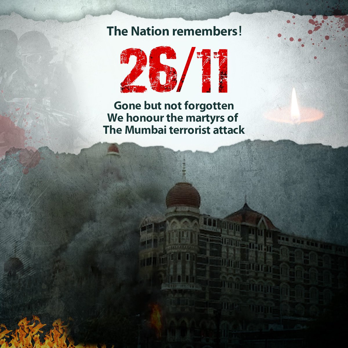 BJP4India's tweet photo. India remembers the 26/11 attacks!

The fallen are not forgotten.
The perpetrators are not forgiven.

In solemn remembrance, we strive for a world united against violence. 

#NeverForget2611 https://t.co/npa7aZxZGV