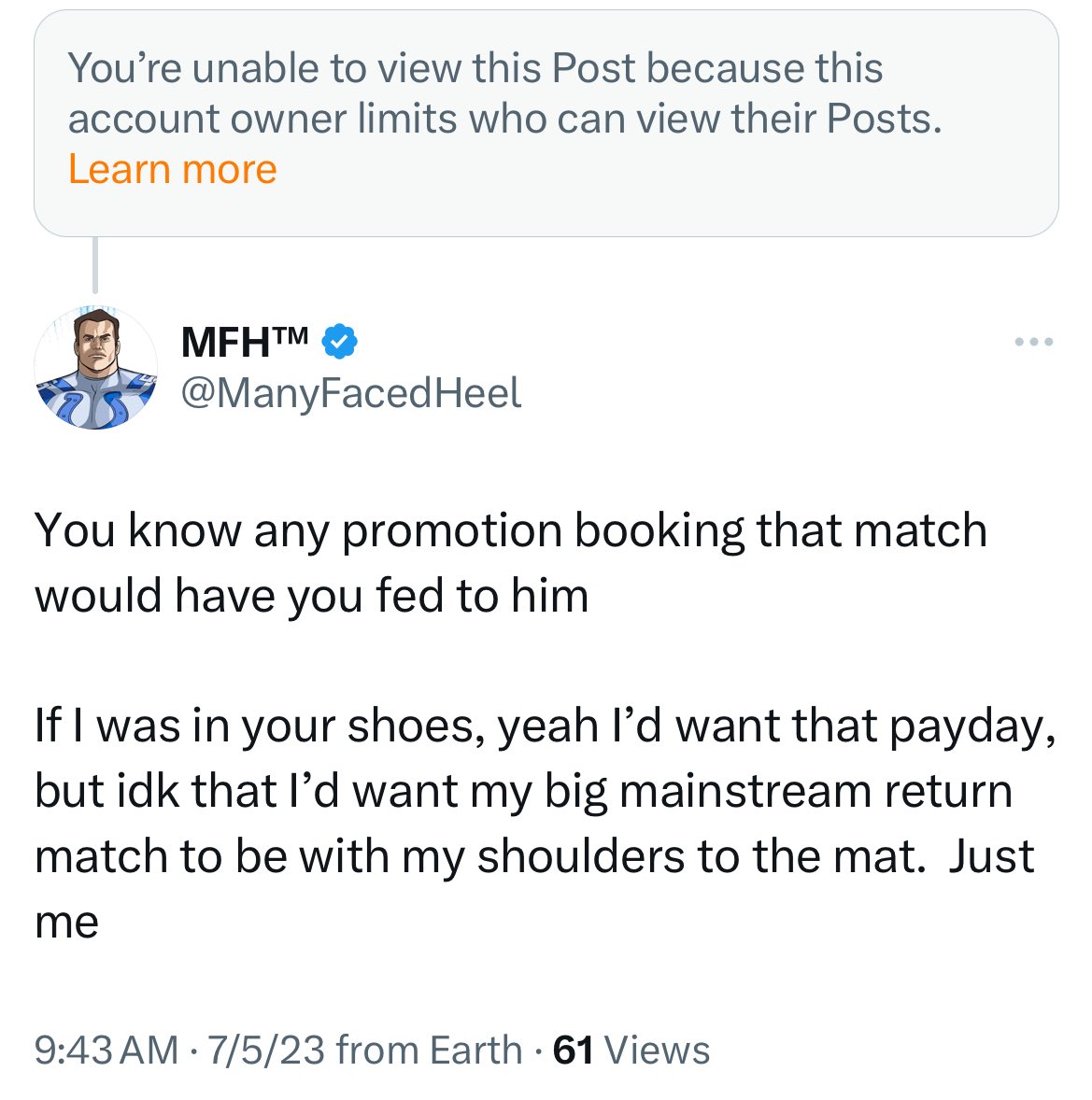 ManyFacedHeel2's tweet photo. @Ryback @CMPunk @FMMNutrition Everyone’s talking about being blocked by @Ryback &amp; I’m over here confused why he blocked my main account back in July for this? 

😂 tf bro?  Soft much?  

That was actually a valid point, you’d think you would want to protect your character &amp; return a little more https://t.co/87Cytxu775