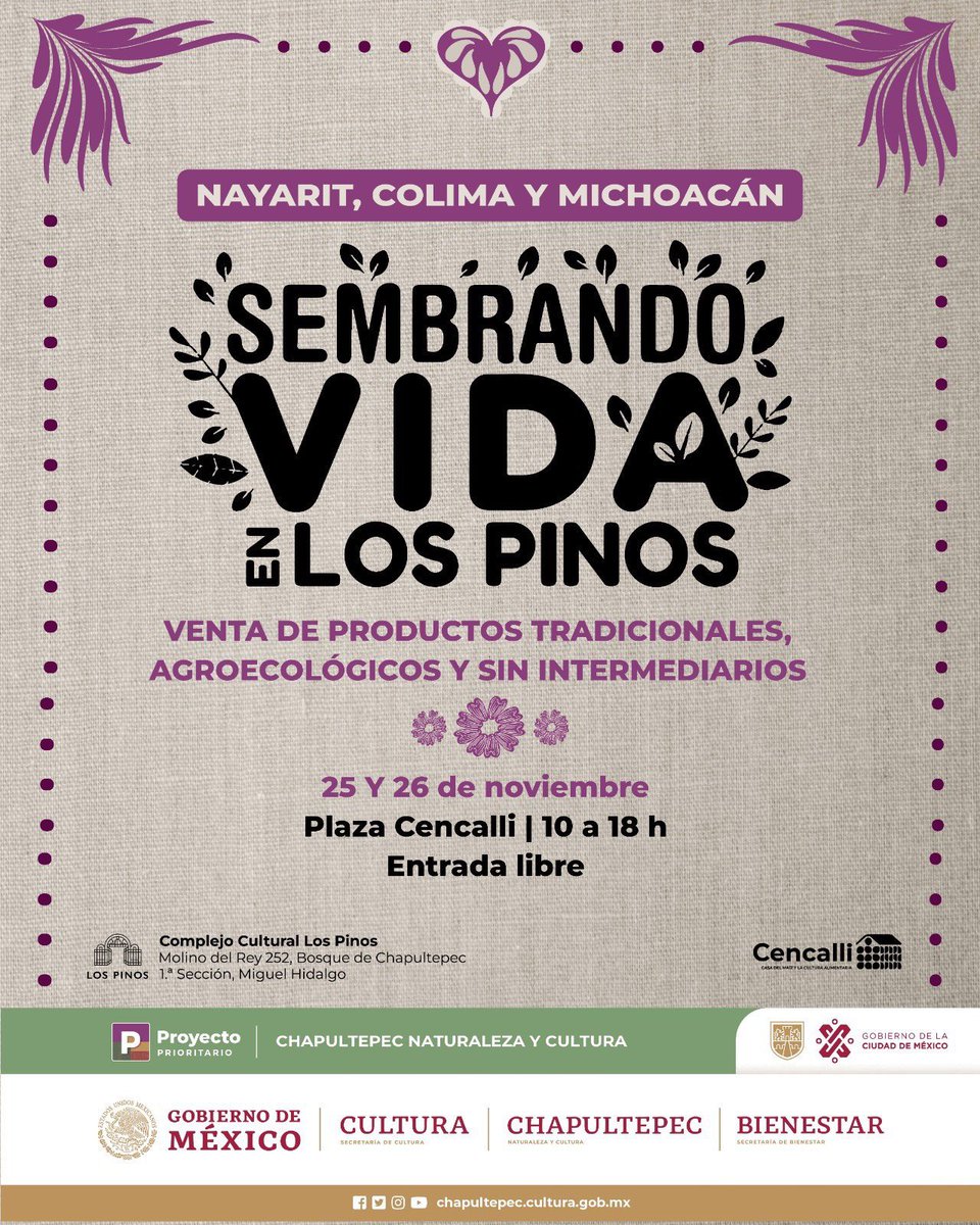 MexicoCanta_'s tweet photo. 📍#CDMX

📣Sembrando vida en #LosPinos🌲

🔹El mercado #ElSolar será visitado por las y los sembradores de Nayarit, Colima y Michocán, ¡asiste para encontrar productos tradicionales, agroecológicos y sin intermediaros!

📅25 y 26 de nov
🕙10-18h
🎟️Entrada libre

#MéxicoEsCultura https://t.co/8j6z5dbyLA