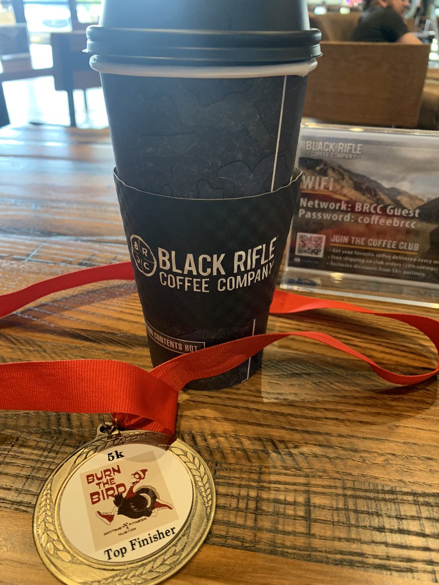 Burn the Bird 5K completed this morning with 1st in 55+ other words, the AARP category. 😜   A great opportunity to get my post run coffee at the Black Rifle Coffee Company. 
#healthybodyhealthymind #veteransuideprevention #camaraderieandhumor #irreverentwarriors #runforcoffee 🇺🇸