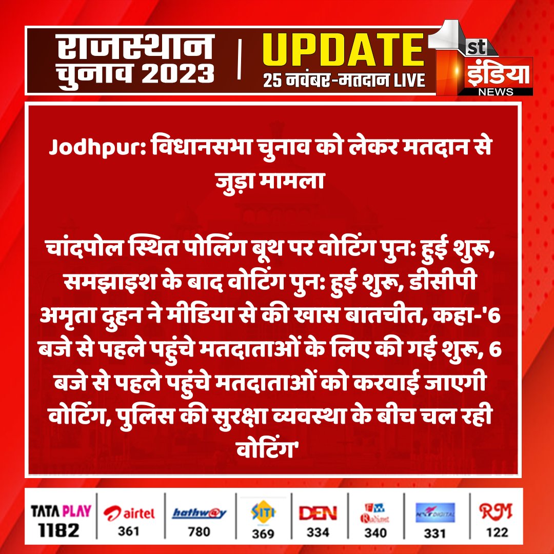 1stIndiaNews's tweet photo. #Jodhpur: विधानसभा चुनाव को लेकर मतदान से जुड़ा मामला

चांदपोल स्थित पोलिंग बूथ पर वोटिंग पुन: हुई शुरू, समझाइश के बाद वोटिंग पुन: हुई शुरू, डीसीपी अमृता दुहन ने मीडिया से की खास बातचीत...

#FirstIndiaNews #RajasthanElection2023 #RajasthanAssemblyElection2023 #VoteWithFirstIndia #ElectionOnFirstIndia @CeoRajasthan @PoliceRajasthan 

Watch Live: https://t.co/t0KsWZ0HMp