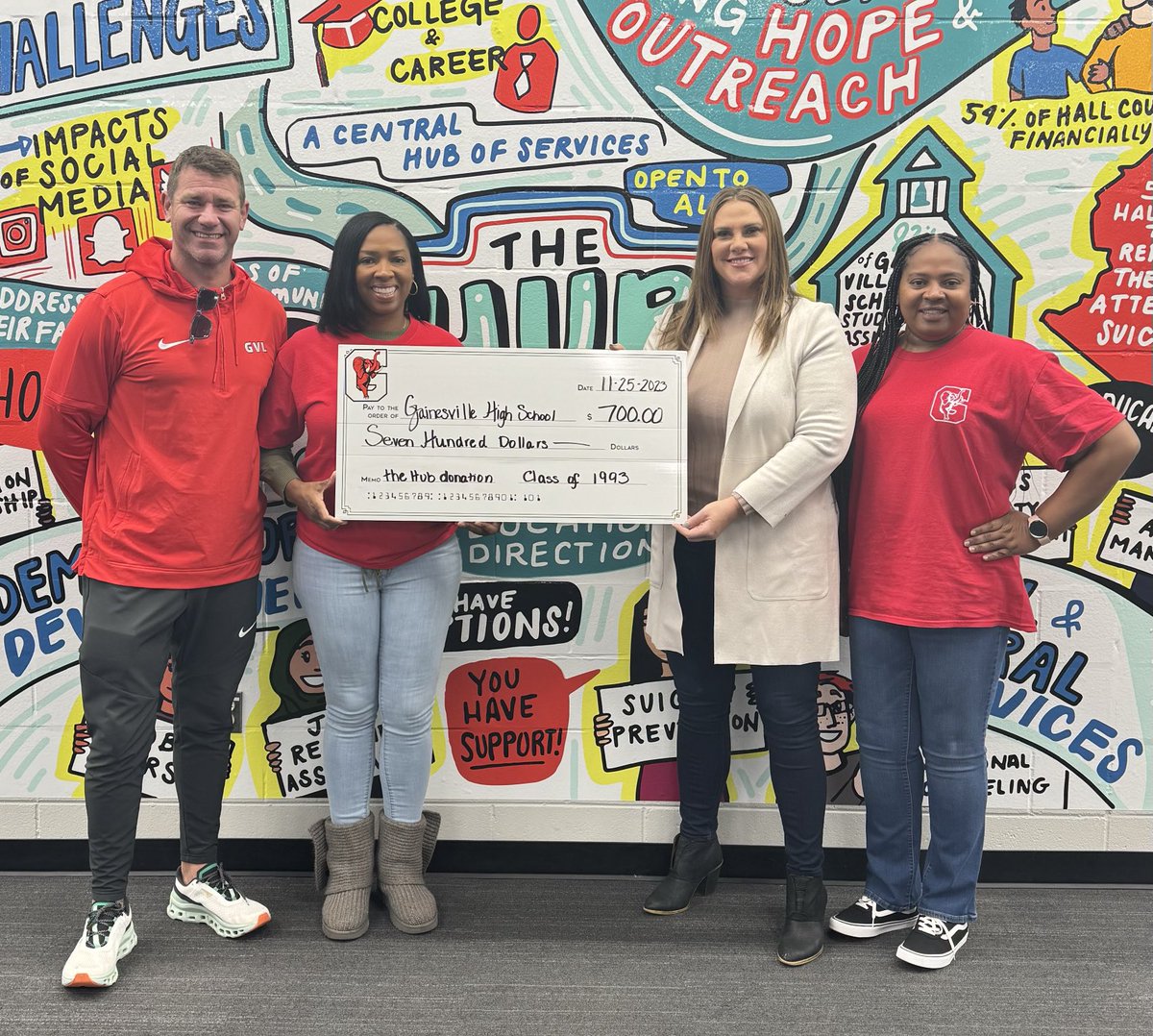 Thank you to ⁦<a href="/GCSS_GHS/">Gainesville HS</a>⁩ Class of 1993 - our 100th Graduating Class - for their generous donation to the Hub. Your generosity will allow us to sustain our student and family supports through the holiday season. #OnceARedElephant #GoBigRed
