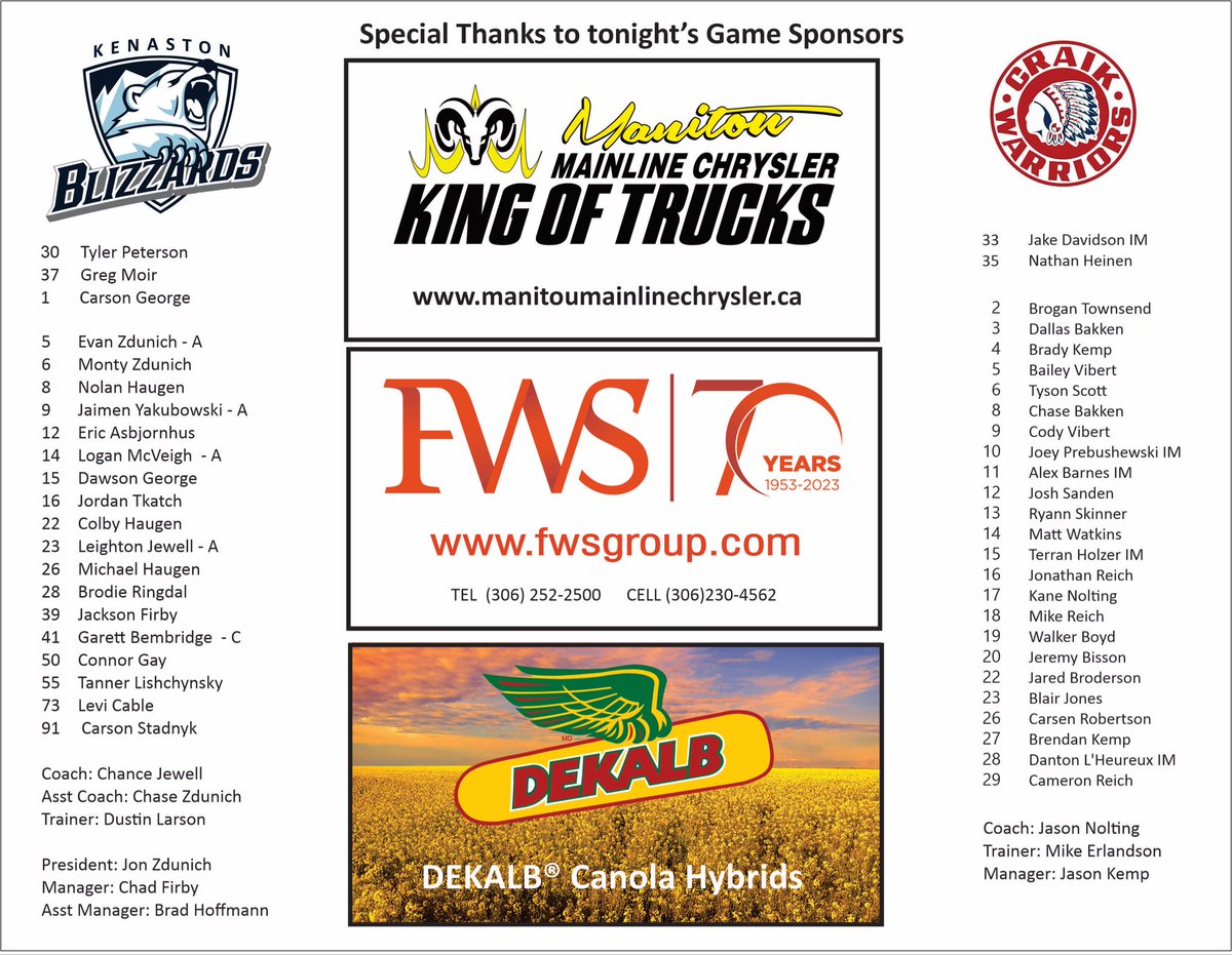 SVHLBlizzards's tweet photo. It’s GAME DAY!!  Craik @Warrior_Probs are in town for a 7:30 tilt.

Thanks to our game sponsors @ManitouMainline, FWS &amp; Dekalb https://t.co/vUkAlusvUx