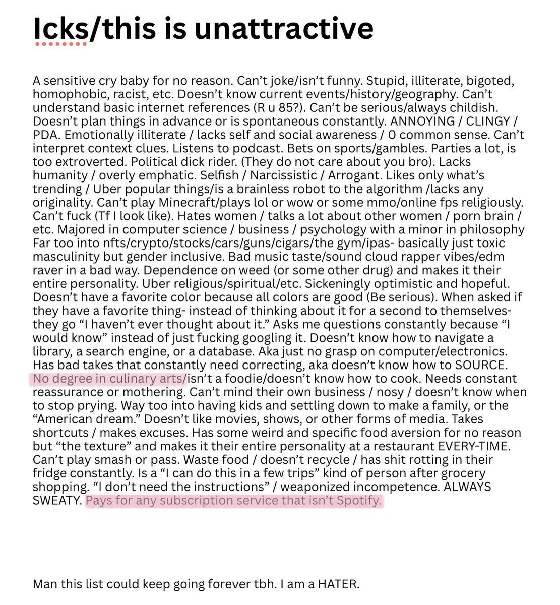 lesbians4nandor's tweet image. i like that not having a culinary arts degree is an ick for this person