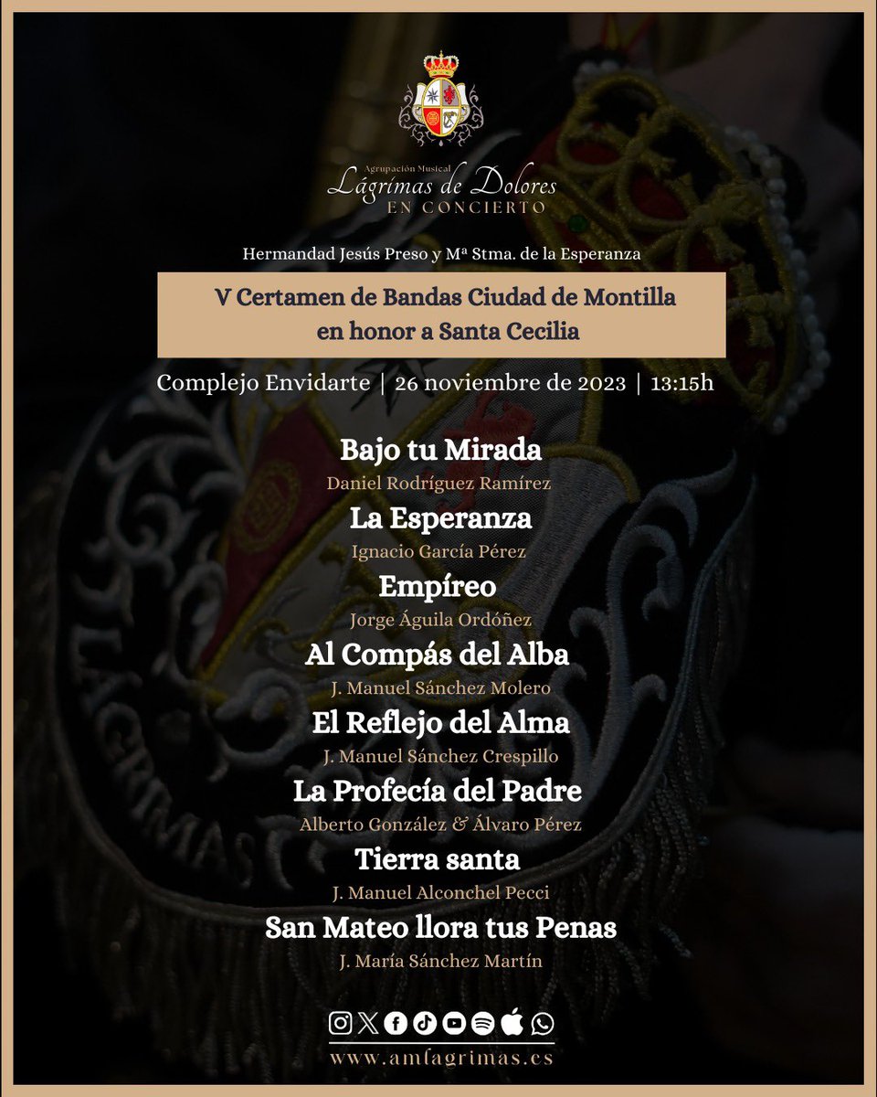 amlagrimas's tweet photo. Mañana Domingo estaremos en Montilla (Córdoba) junto a los compañeros de @lascigarreras en el V Certamen organizado por la Hdad de Jesús Preso en Honor a Santa Cecilia 

¡A partir de las 13.15 os esperamos en el Complejo Envidiarte! 

Este será nuestro repertorio 🥁🎶

#Lagrimas https://t.co/4F94ROyb5f