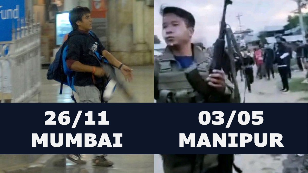 IndianMeitei's tweet photo. 26/11 #MumbaiTerrorAttack, 03/05 #Manipur
Kasab and Kuki terrorists, distant yet united in audacity, showed no fear, no remorse. Their actions demand a robust, proactive counter-terrorism strategy. A call for unwavering commitment to safeguard our nation. 🇮🇳
#IndianArmy https://t.co/dxhjJUfZi3